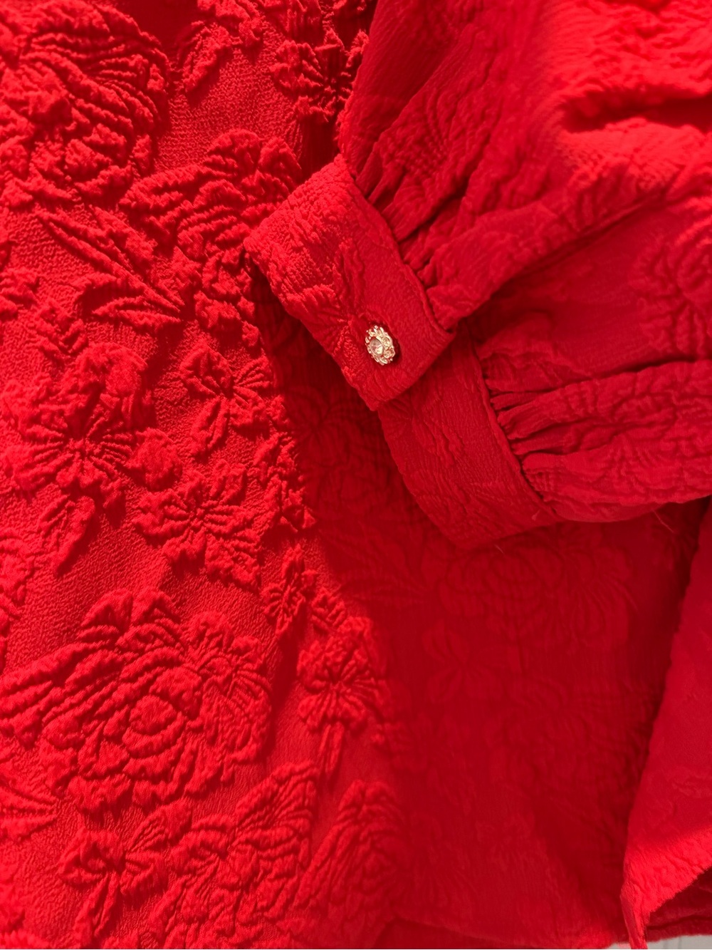 Textured Red Ruffle-Collar Blouse with Button Placket - Picture 4 of 5